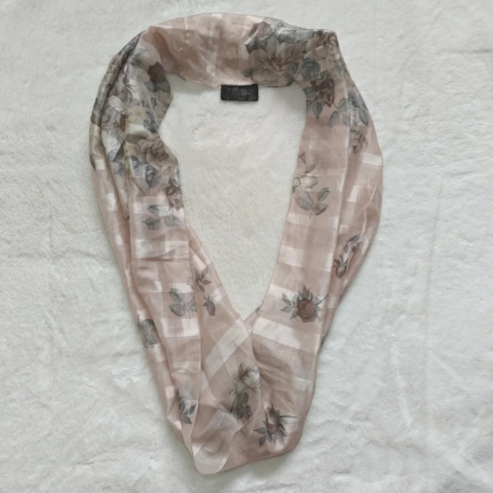 Art Of The Scarf Italian Tie Rack Scarf Womens Floral Pink Beige Satin Polyester